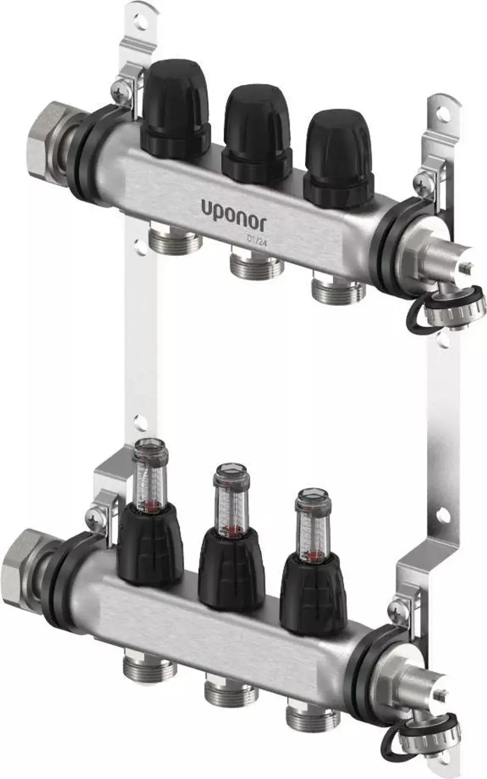 Verteiler von Uponor mit mehreren Anschlüssen, sichtbaren Durchflussanzeigern und Montagehalterungen, geeignet für die Verteilung von Heizungs- oder Kühlsystemen.